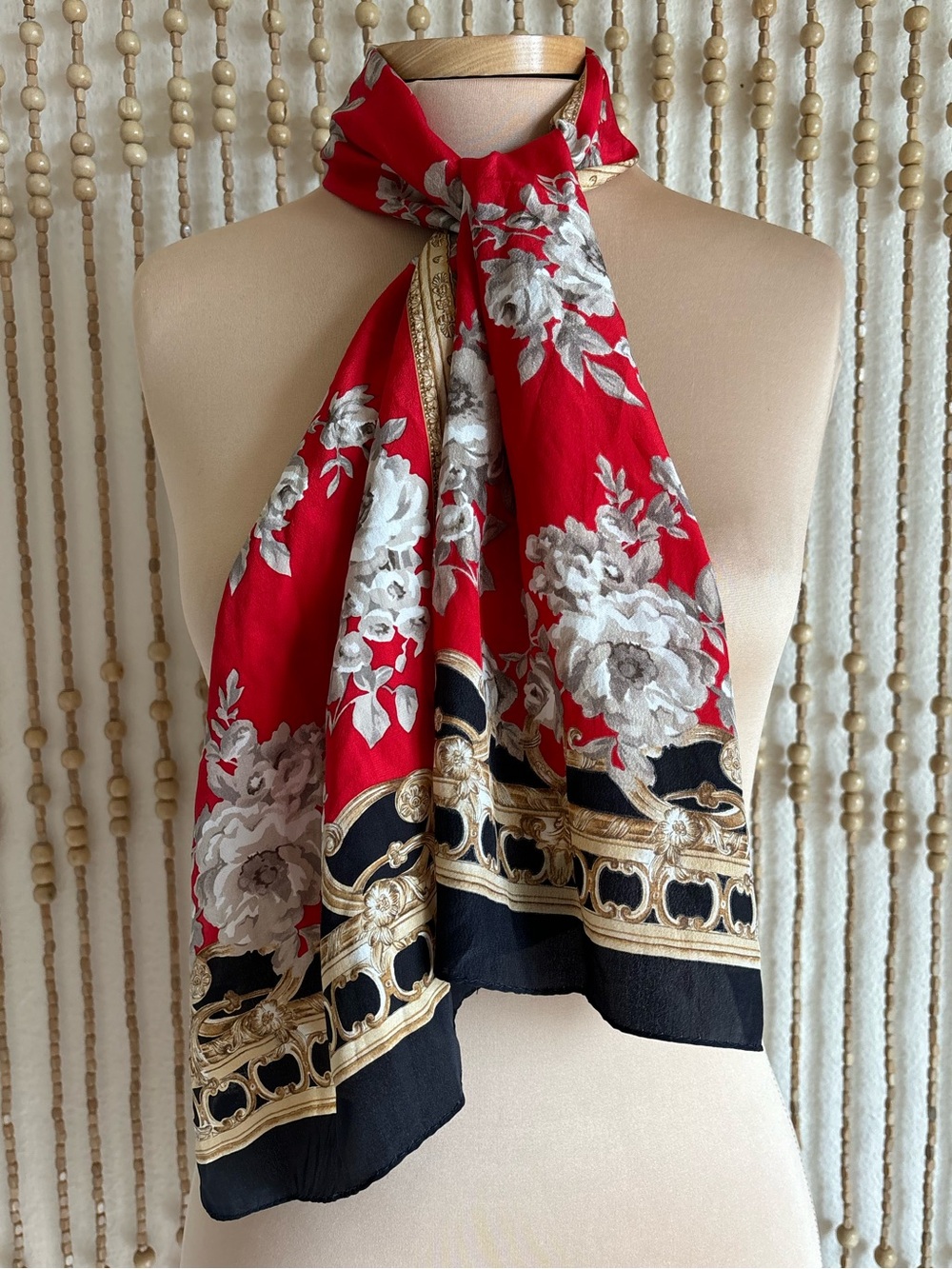 Vintage Liz Ornate Silk Red Floral Scarf Neck Head Bag Accessory